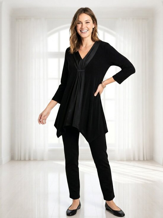 Slinky Brand Tops - Slinky Brand Black Faux Scarf V-Neck Tunic Top XS Handkerchief Hem Y2K